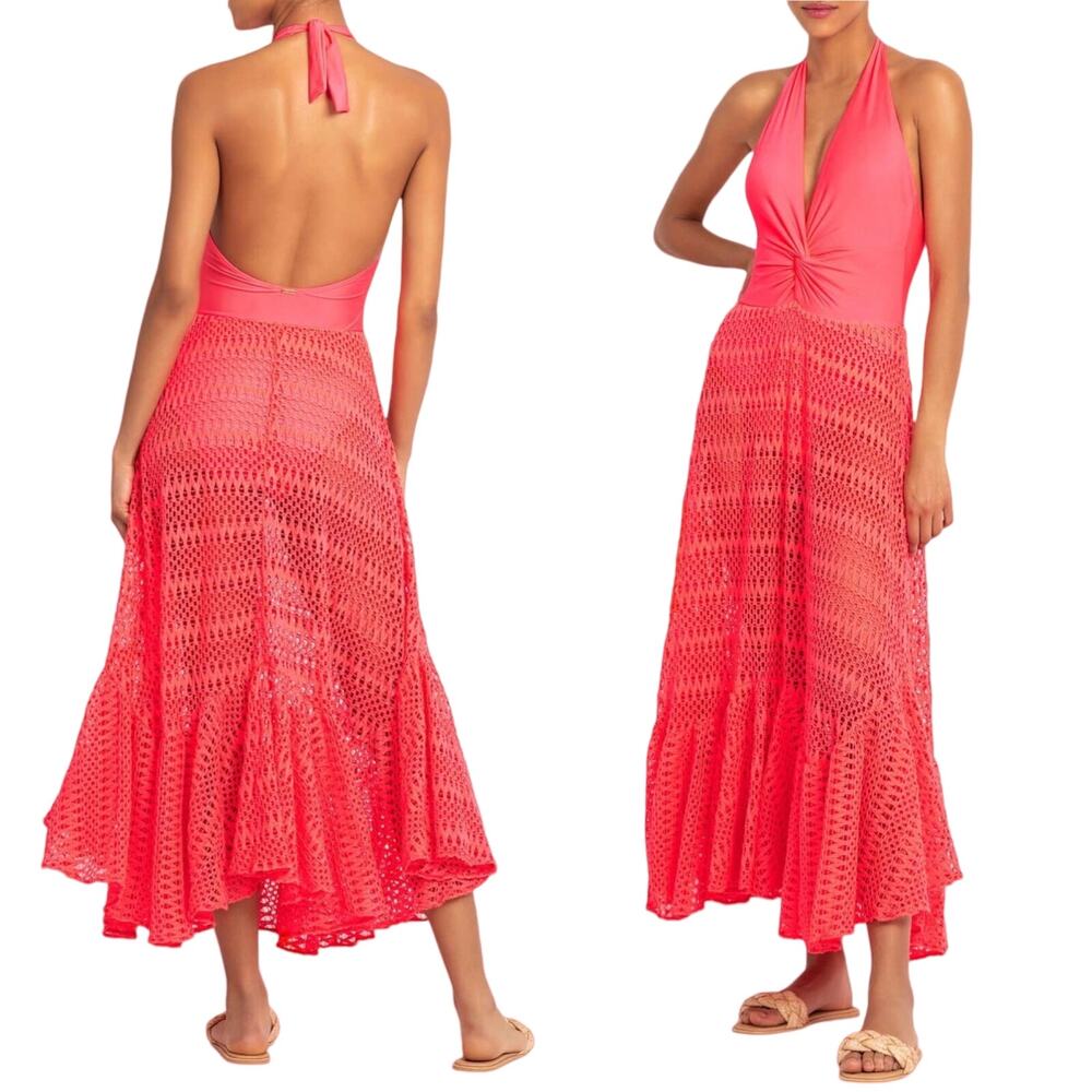 PATBO Crochet Beach Dress Halterneck Neon Coral Resort Influencer Medium NWT - Picture 2 of 11